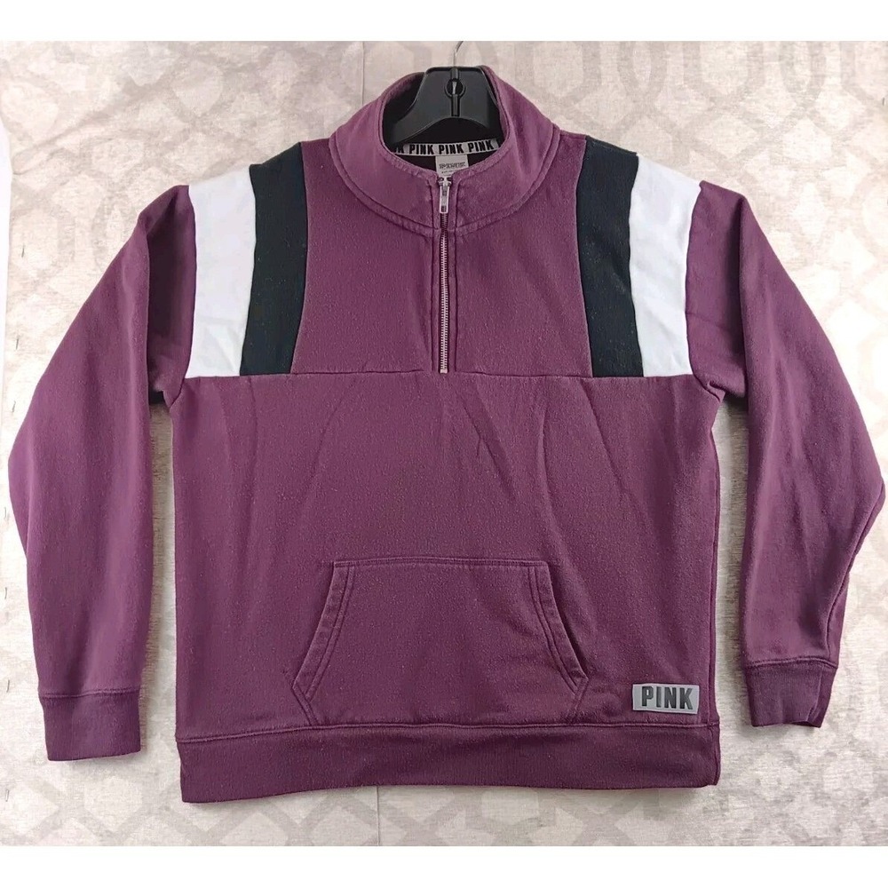 PINK‎ Victoria's Secret Women S Purple Colorblock Quarter Zip Fleece Sweatshirt